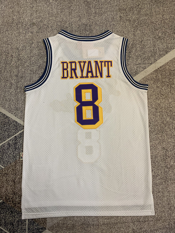 White LA Lakers basketball jersey, full back view