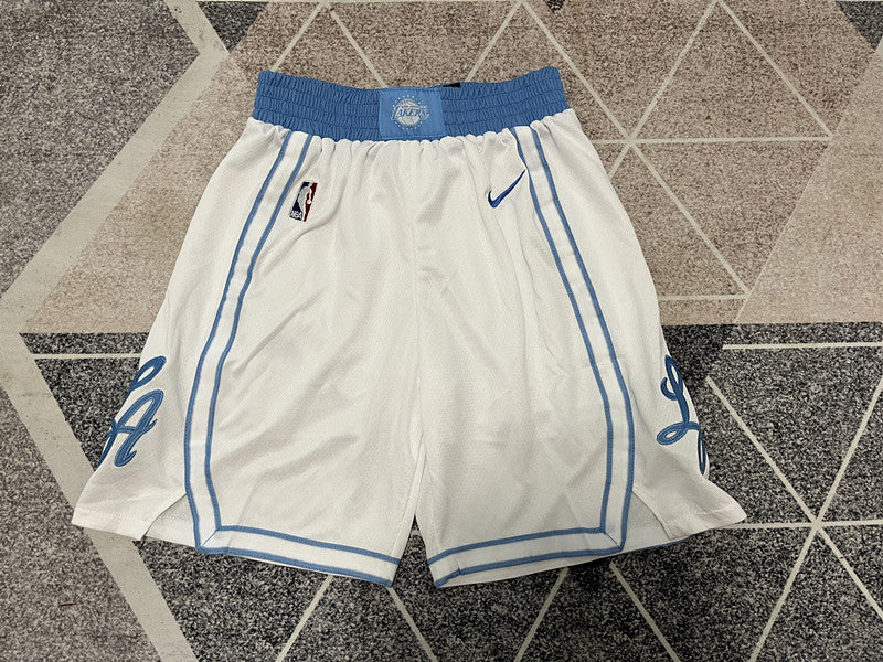 White LA Lakers basketball shorts, full front view