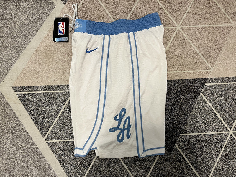 White LA Lakers basketball shorts, side panel detail