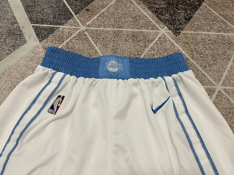 White LA Lakers basketball shorts, waistband and logo detail