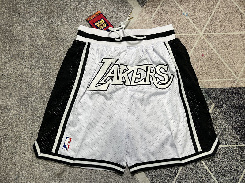 White and Black LA Lakers premium basketball shorts, full front view