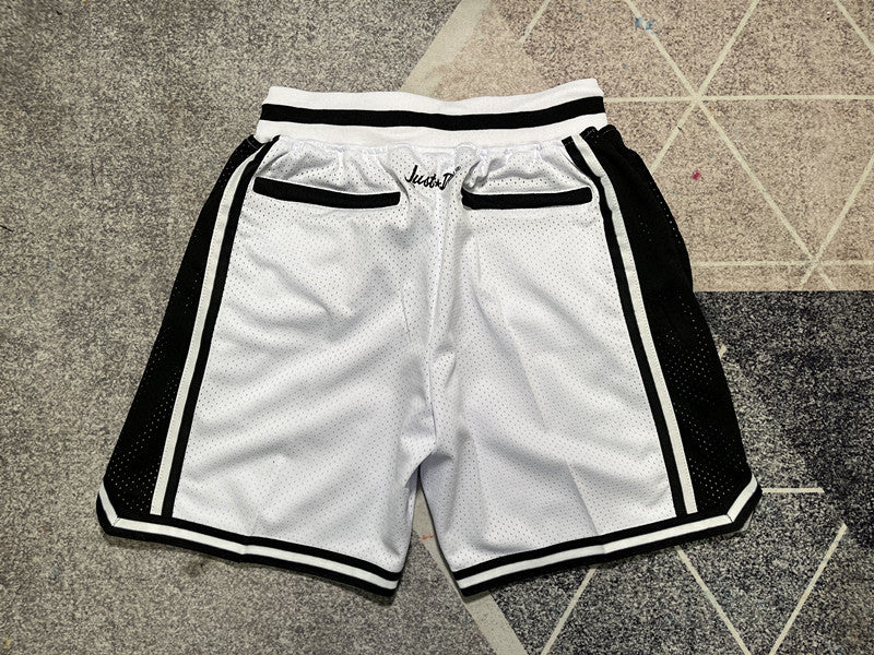 White and Black LA Lakers premium basketball shorts, full back view