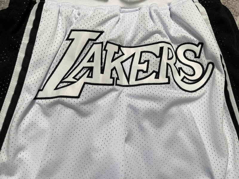 White and Black LA Lakers premium basketball shorts, side panel detail