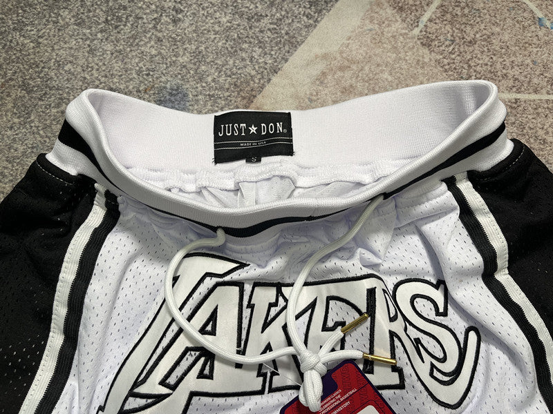 White and Black LA Lakers premium basketball shorts, graphic detail