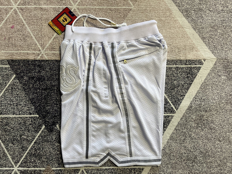White LA Lakers premium basketball shorts, side panel detail