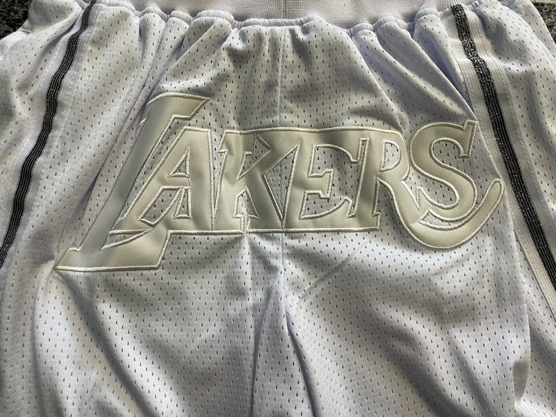 White LA Lakers premium basketball shorts, graphic detail