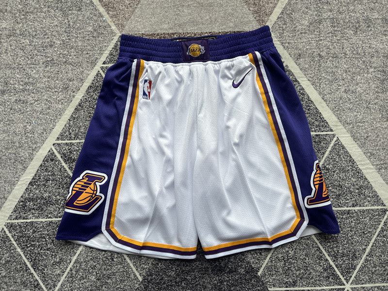 White LA Lakers basketball shorts, full front view