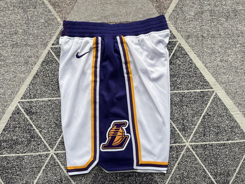 White LA Lakers basketball shorts, side panel detail