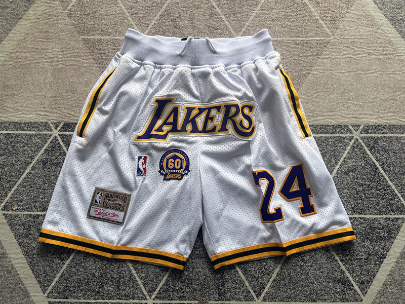 White LA Lakers premium basketball shorts, full front view