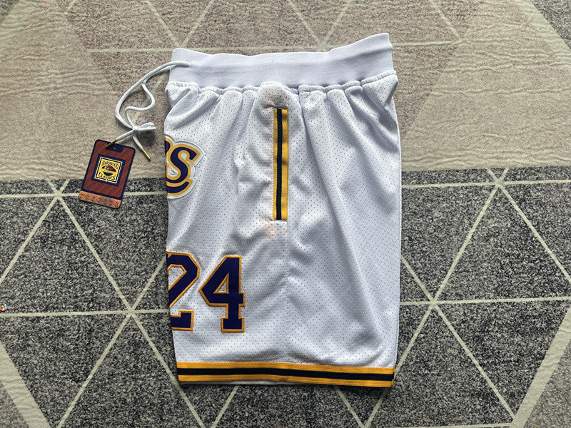 White LA Lakers premium basketball shorts, side panel detail
