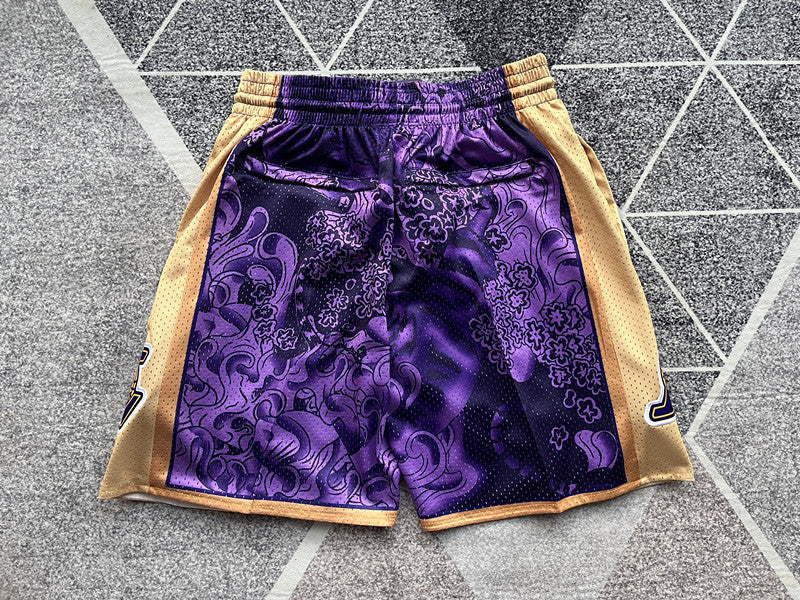 Multi-color LA Lakers premium basketball shorts, full back view
