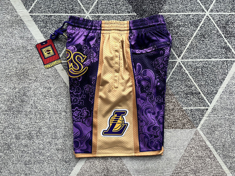 Multi-color LA Lakers premium basketball shorts, side panel detail