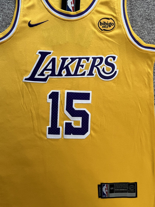 Yellow LA Lakers basketball jersey, front graphic detail