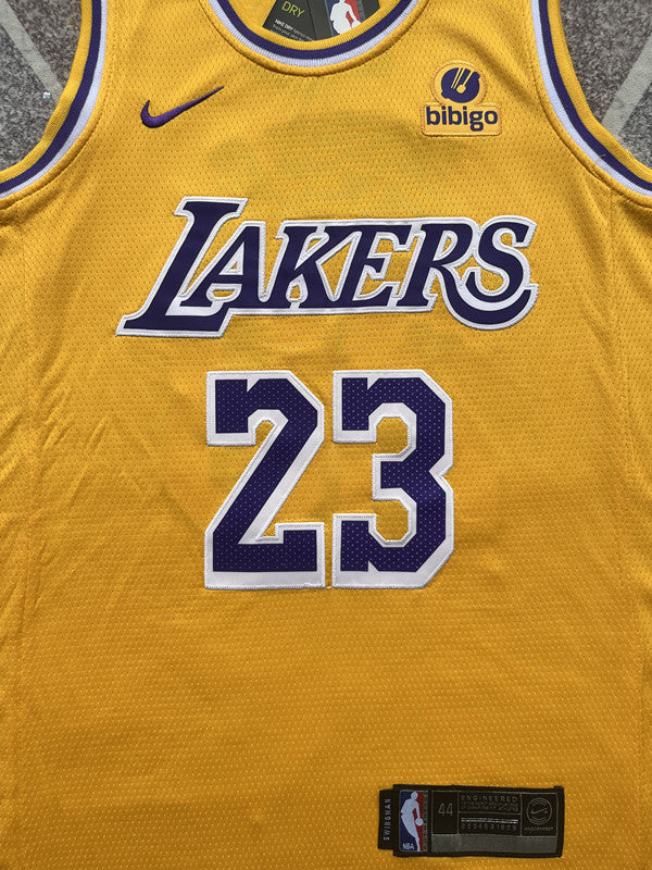 Yellow LA Lakers basketball jersey, front graphic detail