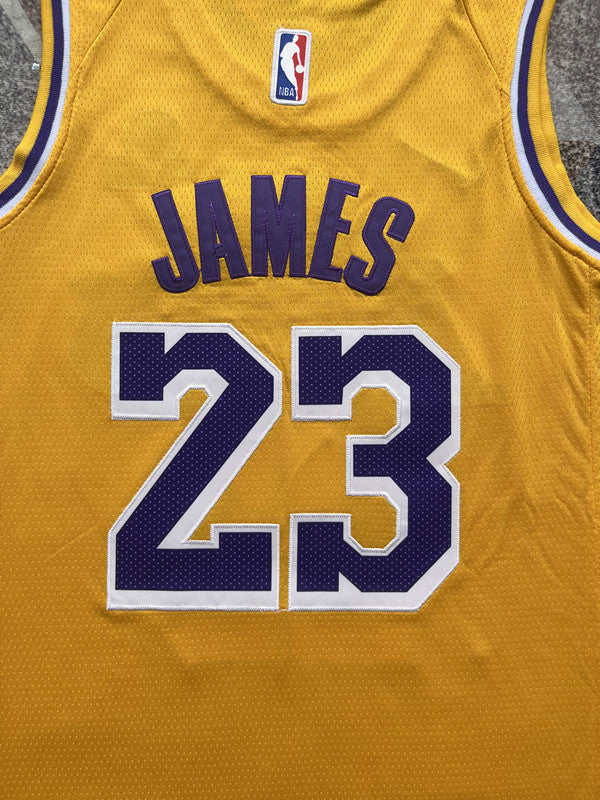 Yellow LA Lakers basketball jersey, back lettering and number detail