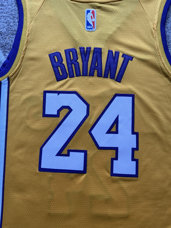Yellow LA Lakers basketball jersey, back lettering and number detail