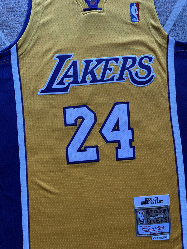 Yellow LA Lakers basketball jersey, front graphic detail