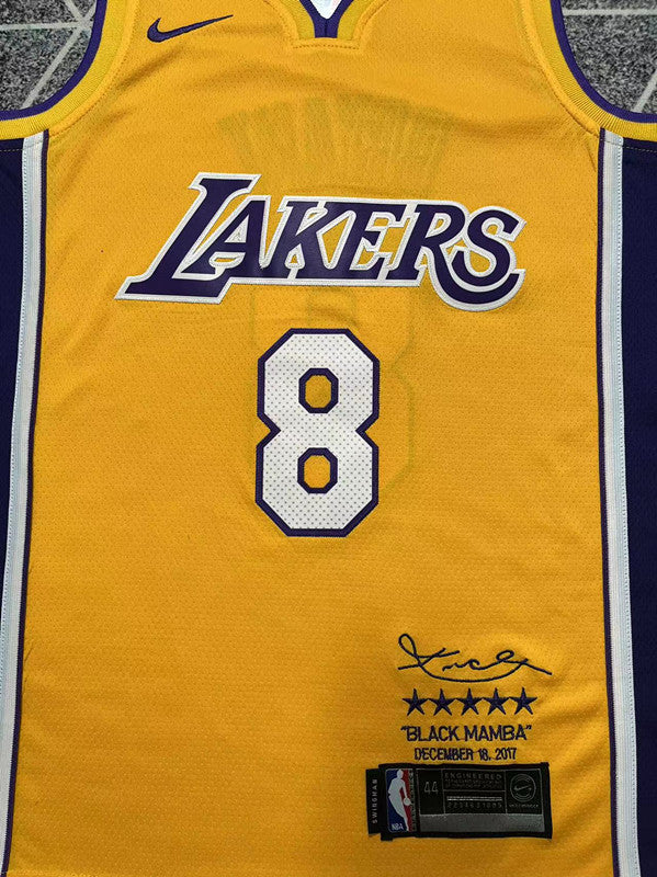 Yellow LA Lakers basketball jersey, front graphic detail