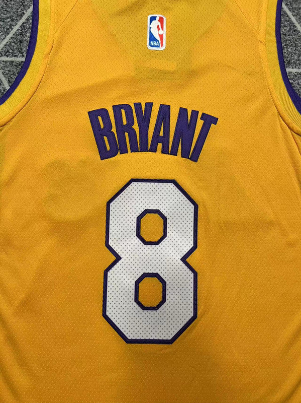 Yellow LA Lakers basketball jersey, back lettering and number detail