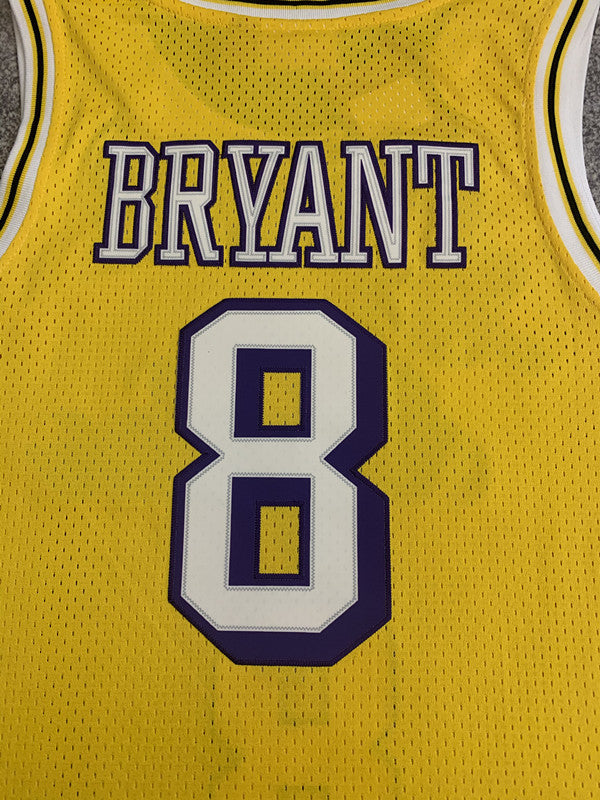 Yellow LA Lakers basketball jersey, back lettering and number detail