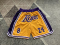 Yellow LA Lakers premium basketball shorts, full front view