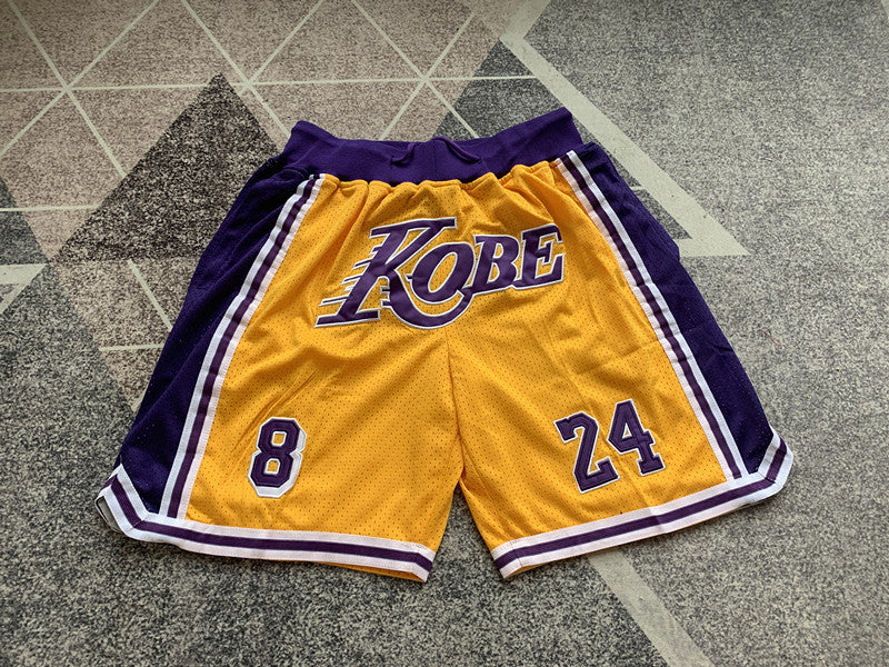 Yellow LA Lakers premium basketball shorts, full front view