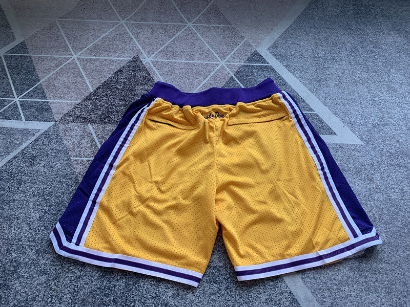 Yellow LA Lakers premium basketball shorts, full back view