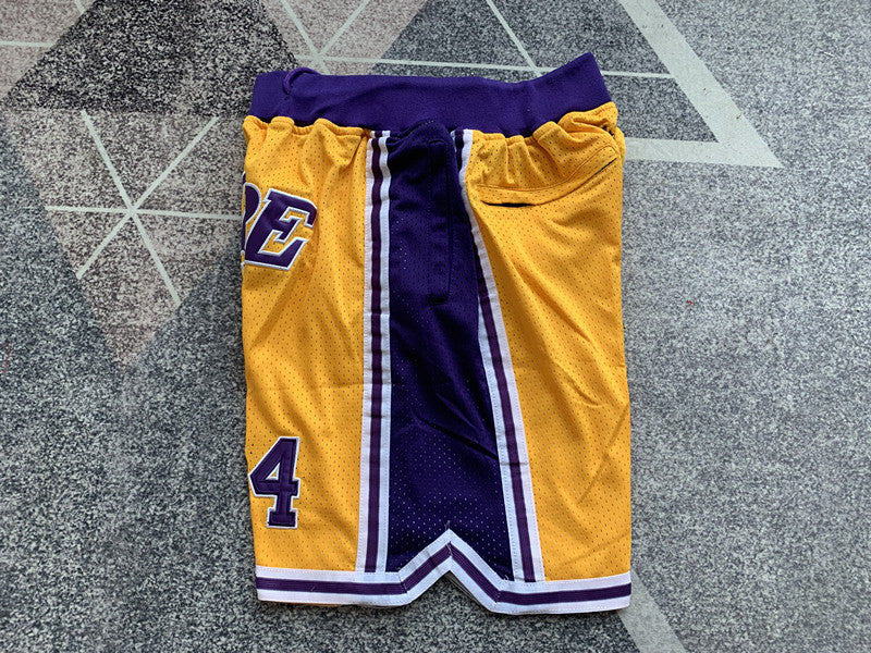 Yellow LA Lakers premium basketball shorts, side panel detail