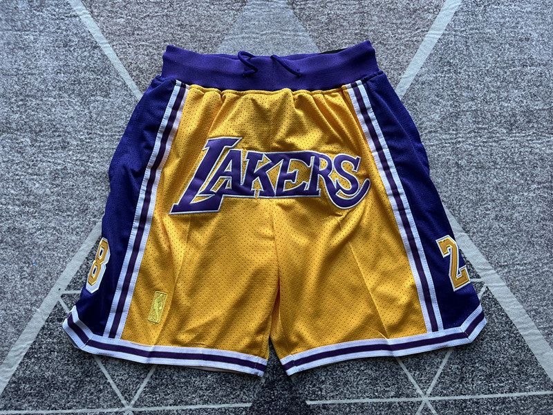 Yellow LA Lakers premium basketball shorts, full front view