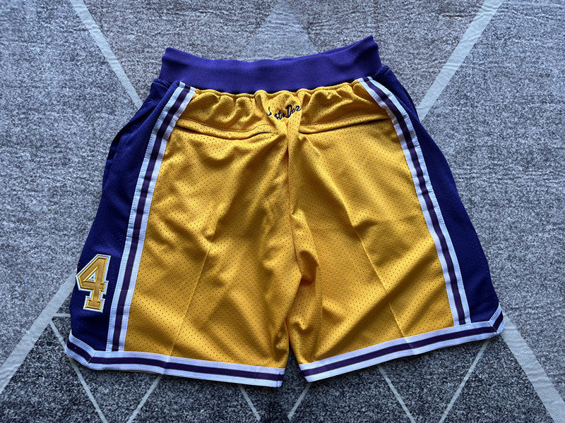 Yellow LA Lakers premium basketball shorts, full back view