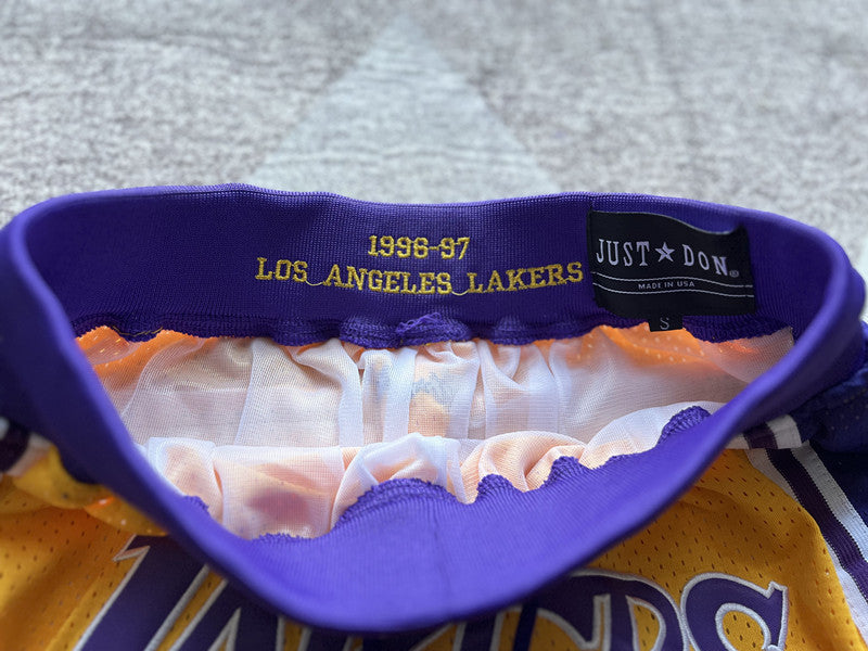 Yellow LA Lakers premium basketball shorts, graphic detail
