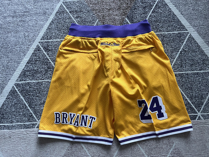 Yellow LA Lakers premium basketball shorts, full back view