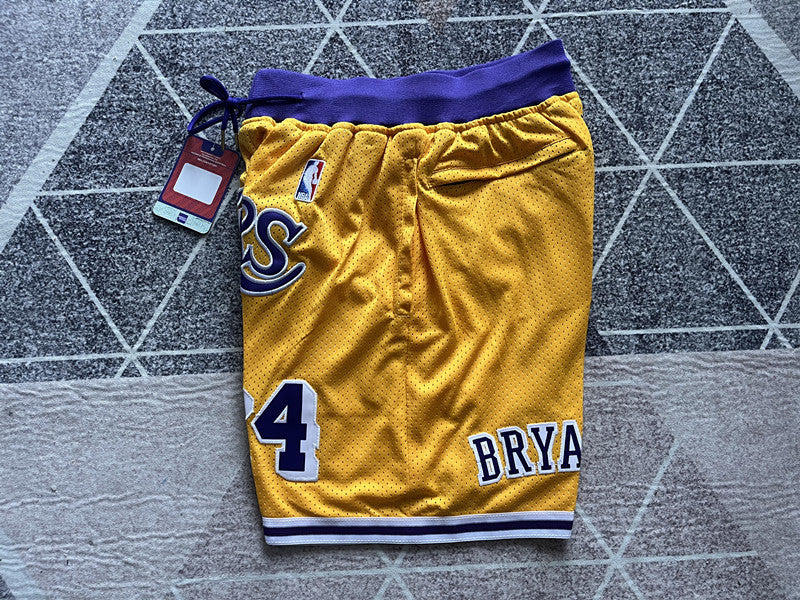Yellow LA Lakers premium basketball shorts, side panel detail