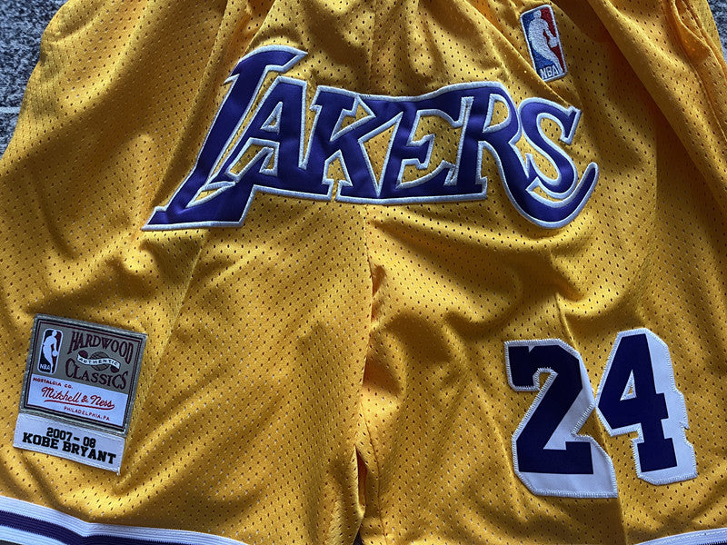 Yellow LA Lakers premium basketball shorts, graphic detail