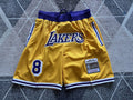 Yellow LA Lakers premium basketball shorts, full front view