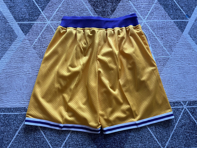 Yellow LA Lakers premium basketball shorts, full back view