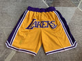 Yellow LA Lakers premium basketball shorts, full front view