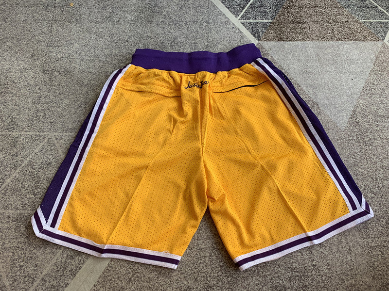 Yellow LA Lakers premium basketball shorts, full back view