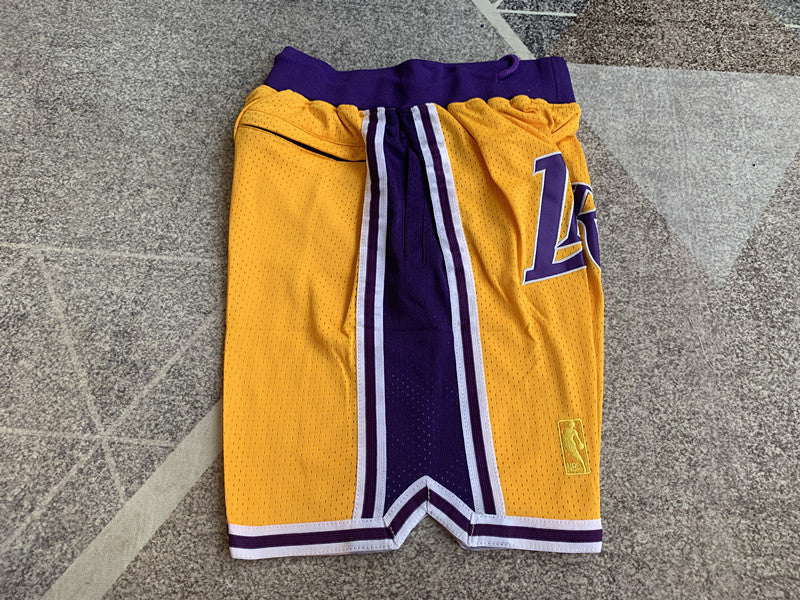 Yellow LA Lakers premium basketball shorts, side panel detail