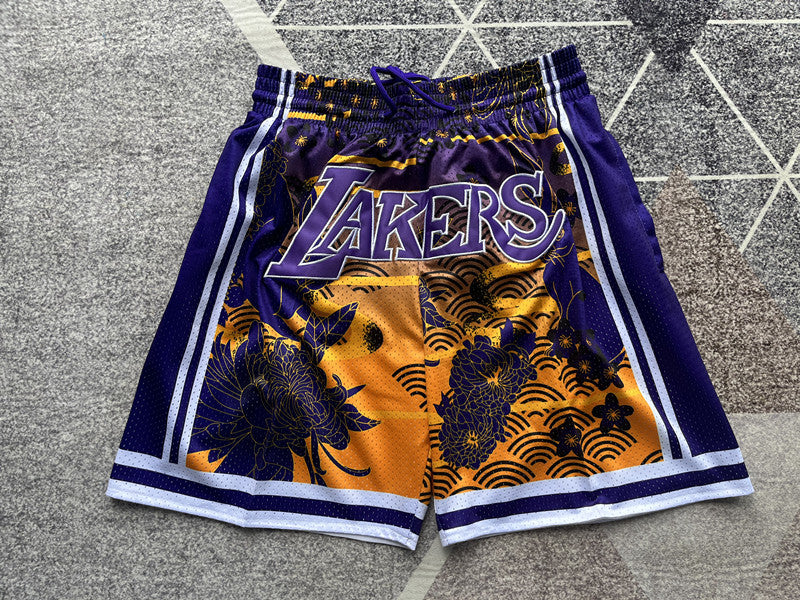 Yellow LA Lakers premium basketball shorts, full front view