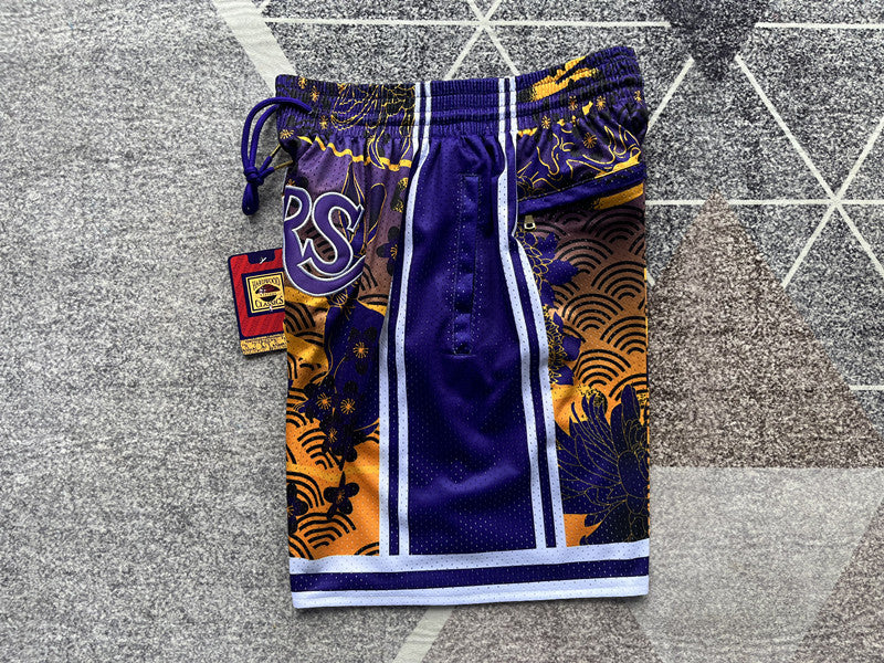 Yellow LA Lakers premium basketball shorts, side panel detail
