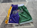 Multi-color LA Lakers premium basketball shorts, full front view