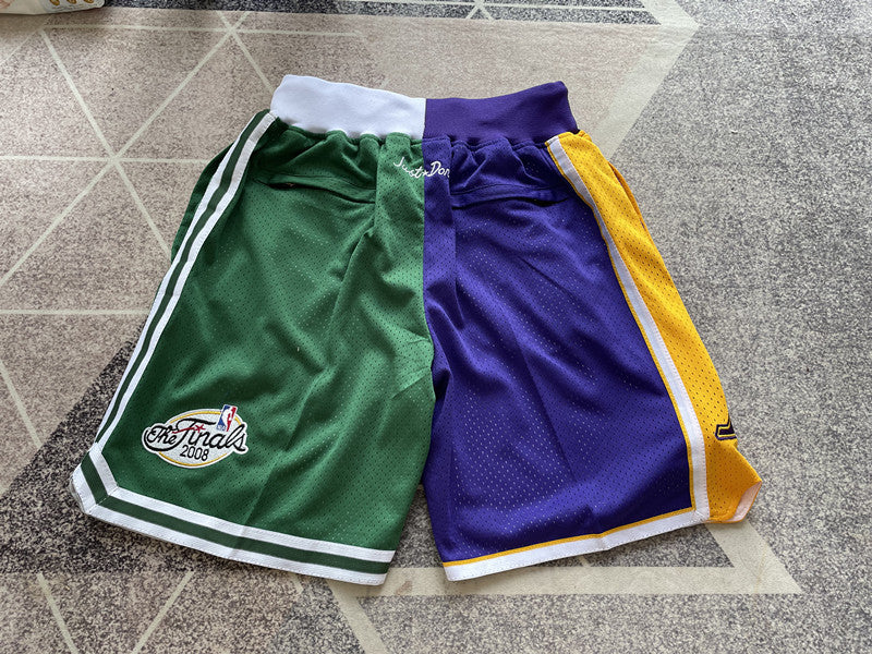 Multi-color LA Lakers premium basketball shorts, full back view