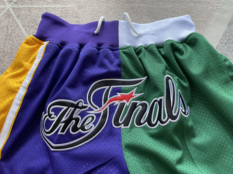 Multi-color LA Lakers premium basketball shorts, graphic detail