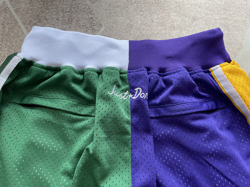 Multi-color LA Lakers premium basketball shorts, waistband and label detail