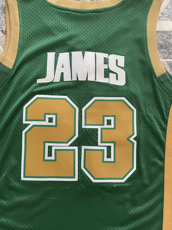 Green LeBron basketball jersey, back lettering and number detail