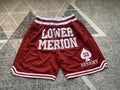 Maroon Lower Merion premium basketball shorts, full front view