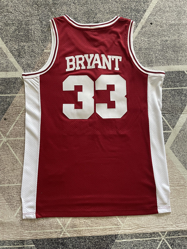 Red Lower Merion basketball jersey, full back view