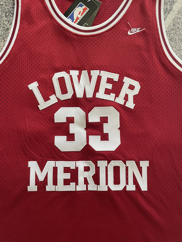 Red Lower Merion basketball jersey, front graphic detail