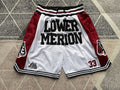 White Lower Merion premium basketball shorts, full front view